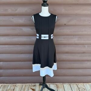 Calvin Klein Womens Black White Colorblock Belted Fit Flare Dress Size 2